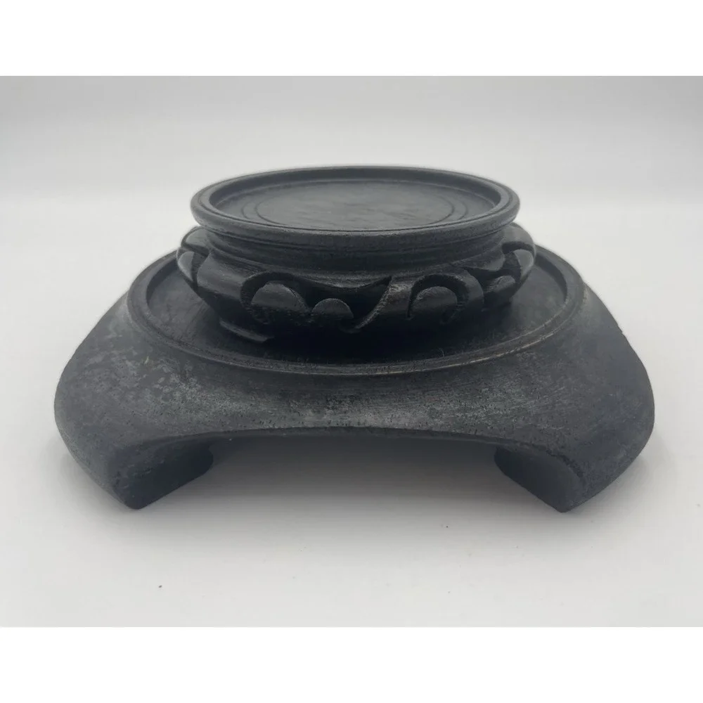 Vtg Asian Wood Ornate Carved Round Display Stand Pot Figure Riser Set‎ of 2